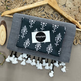 Light Grey Handloom Khadi Cotton Saree With   Black Leaf Print Blouse